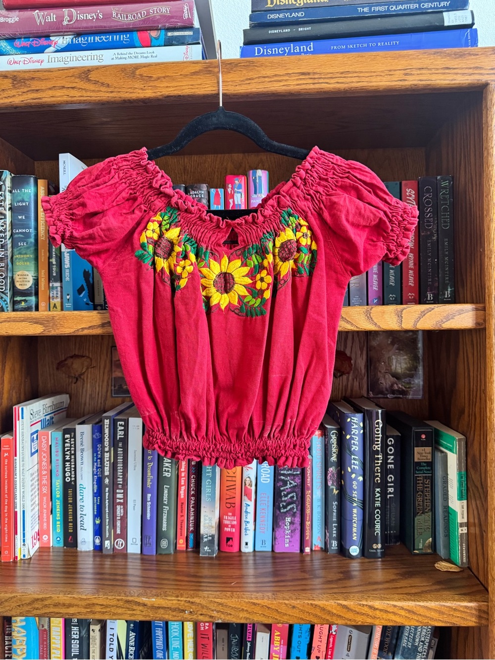 Red Embroidered Off-Shoulder Peasant Top - Sunflower Detail